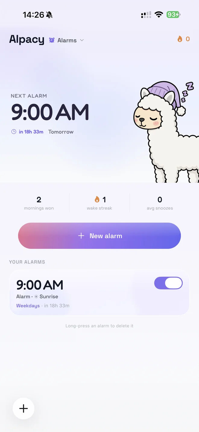 The alarms screen showing the next alarm at 9:00 AM tomorrow and the sleepy alpaca