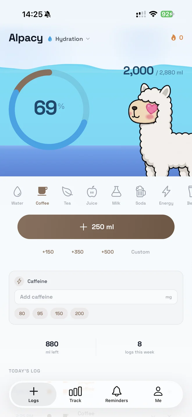 The hydration screen with Coffee selected, a 69% ring and a caffeine card