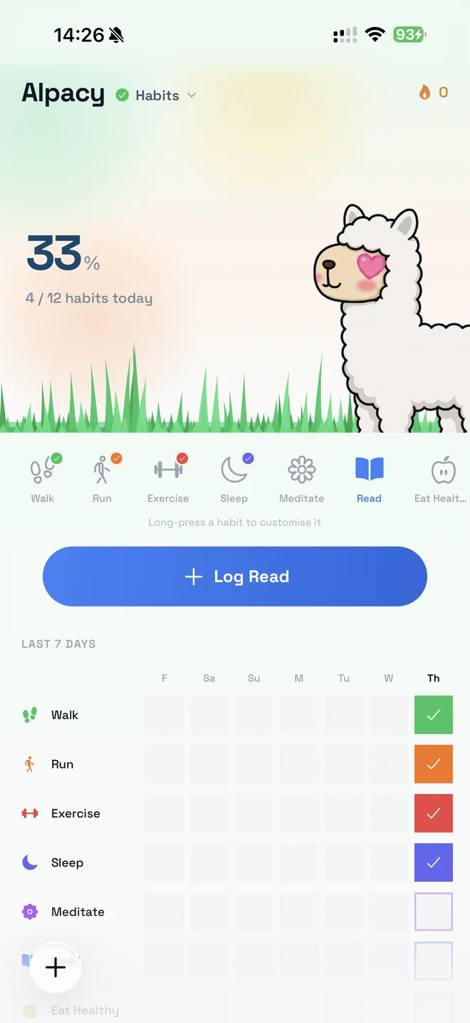 The habits screen at 33% with a 7-day grid for walk, run, exercise, sleep and meditate
